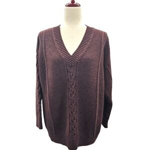 GAP Cotton Women Brown Cable Knit V Neck‎ Sweater Size L Long Sleeve Casual Cozy